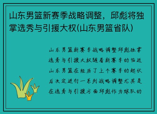 山东男篮新赛季战略调整，邱彪将独掌选秀与引援大权(山东男篮省队)