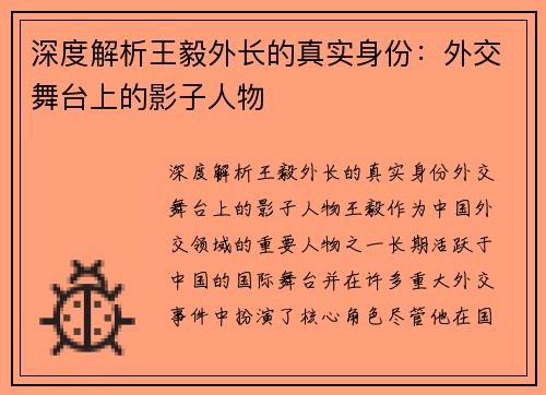 深度解析王毅外长的真实身份：外交舞台上的影子人物