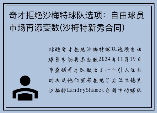 奇才拒绝沙梅特球队选项：自由球员市场再添变数(沙梅特新秀合同)