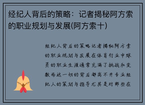 经纪人背后的策略：记者揭秘阿方索的职业规划与发展(阿方索十)