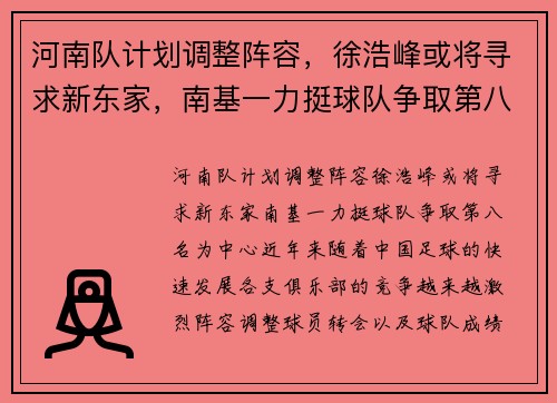 河南队计划调整阵容，徐浩峰或将寻求新东家，南基一力挺球队争取第八名