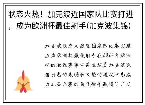 状态火热！加克波近国家队比赛打进，成为欧洲杯最佳射手(加克波集锦)