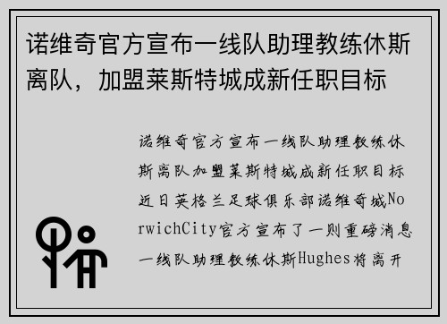 诺维奇官方宣布一线队助理教练休斯离队，加盟莱斯特城成新任职目标